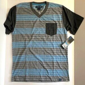 *NWT Street Rules - Blue White Grey Stripe Men's Vneck Tshirt - Size S